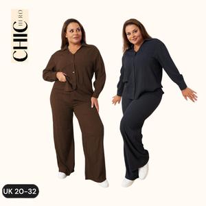 2 Woman pieces ChicHero Plus Size Texture Button Front Drop Shoulder Comfort Long Sleeve Shirt & Trouser Woman Loungewear autumn  set home trouser black  friday  sale women  outfits Women's Raglan Sleeve Lounge Set