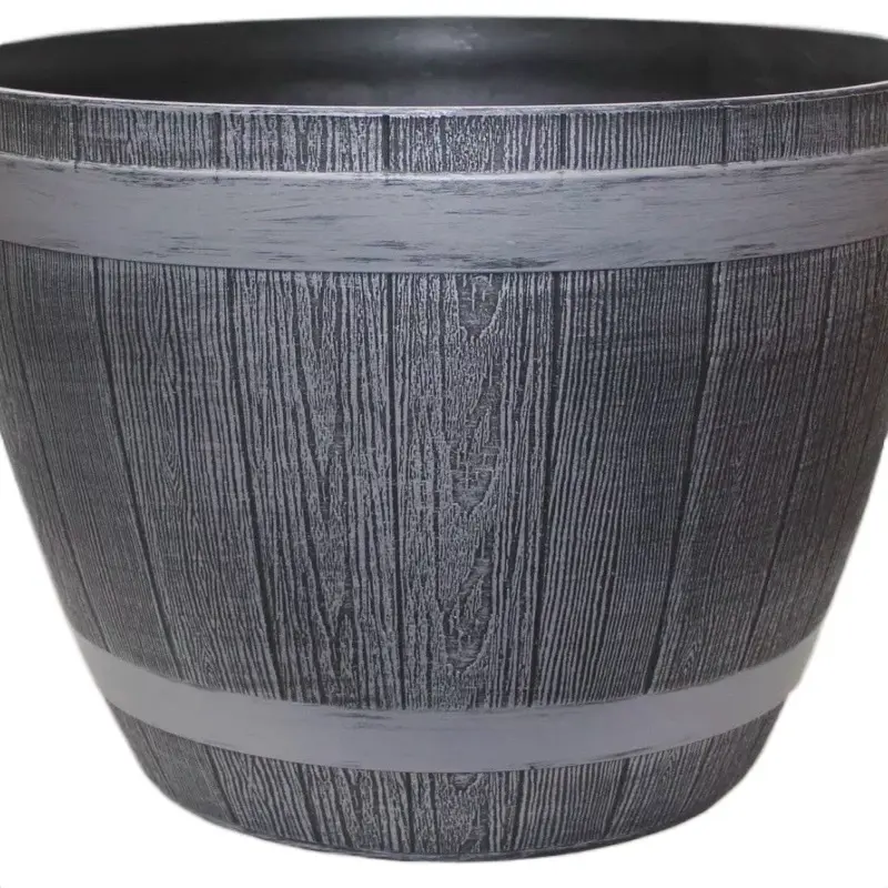 Grey Wooden Barrel Planter for Outdoor Garden - Round Plastic Pot for Flower and Tree 1