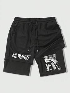 Men's Regular Fit Letter & Gun Print 2 in 1 Drawstring Waist Shorts, Casual Pocket Track Shorts for Summer, Fashion Men's Bottoms for Daily Wear, Everyday Graphic Print Shorts, Fashionable Summer Shorts, Elastic Loose Shorts, Activewear