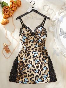 Women's Butterfly & Leopard Print Lace Trim Side Split Cami Nightdress, Casual Soft Comfortable Spaghetti Strap Nightgown for All Seasons, Fashion Ladies' Sleepwear for Daily Wear, Night Gown for Women,  Womens Clothes