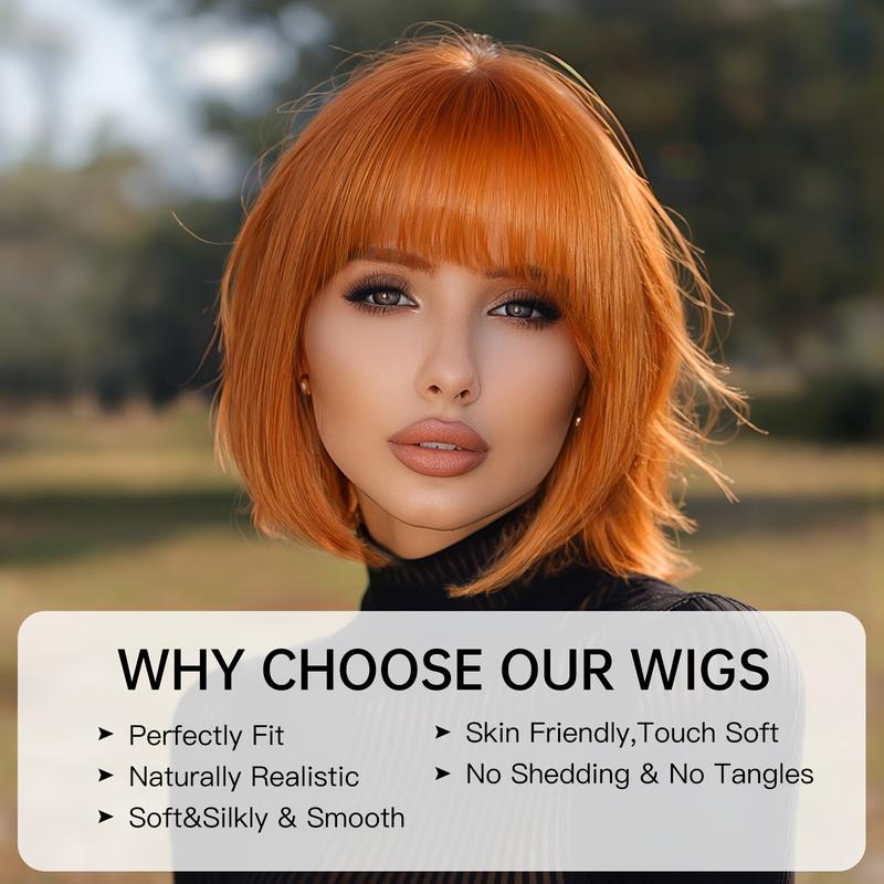 Chic 30.48cm Orange Short Bob Wig for Women - Beginner-Friendly, Heat Resistant Synthetic Hair with Bangs for Daily Wear & Cosplay 4