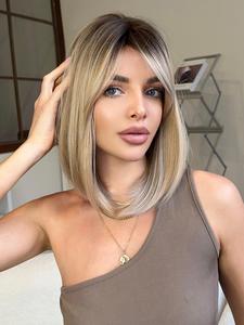 16 Inch Short Straight Bob Wigs for Women, Summer Gorgeous Fluffy Natural Wig with Bangs, Synthetic Full Machine Glueless Hd Wigs for Party, Daily Use, Glueless Hairline Wig