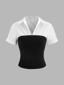 Women's Colorblock Short Sleeve Blouse, Casual Top for Summer, Ladies Clothes for Daily Wear