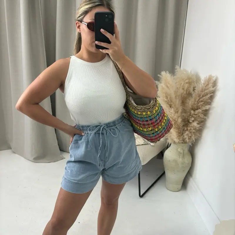 TONI Tie Waist Stretchy Fabric Paper Bag Style Thin Denim Holiday Casual Summer Shorts - 2909 8