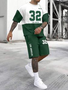 Patchwork casual sports suit -LOS ANGELES 32 crew neck top T-shirt + green sports shorts, soft and breathable fabric, men's 2 piece set, Streetwear Tracksuit Set