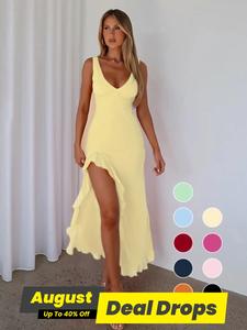 Women's Plain Chic Ruffle Split Thigh Tank Dress, Solid Deep V Neck Sleeveless Backless Long Dress for Party Club Dating Wear, Basic Ladies Summer Clothes