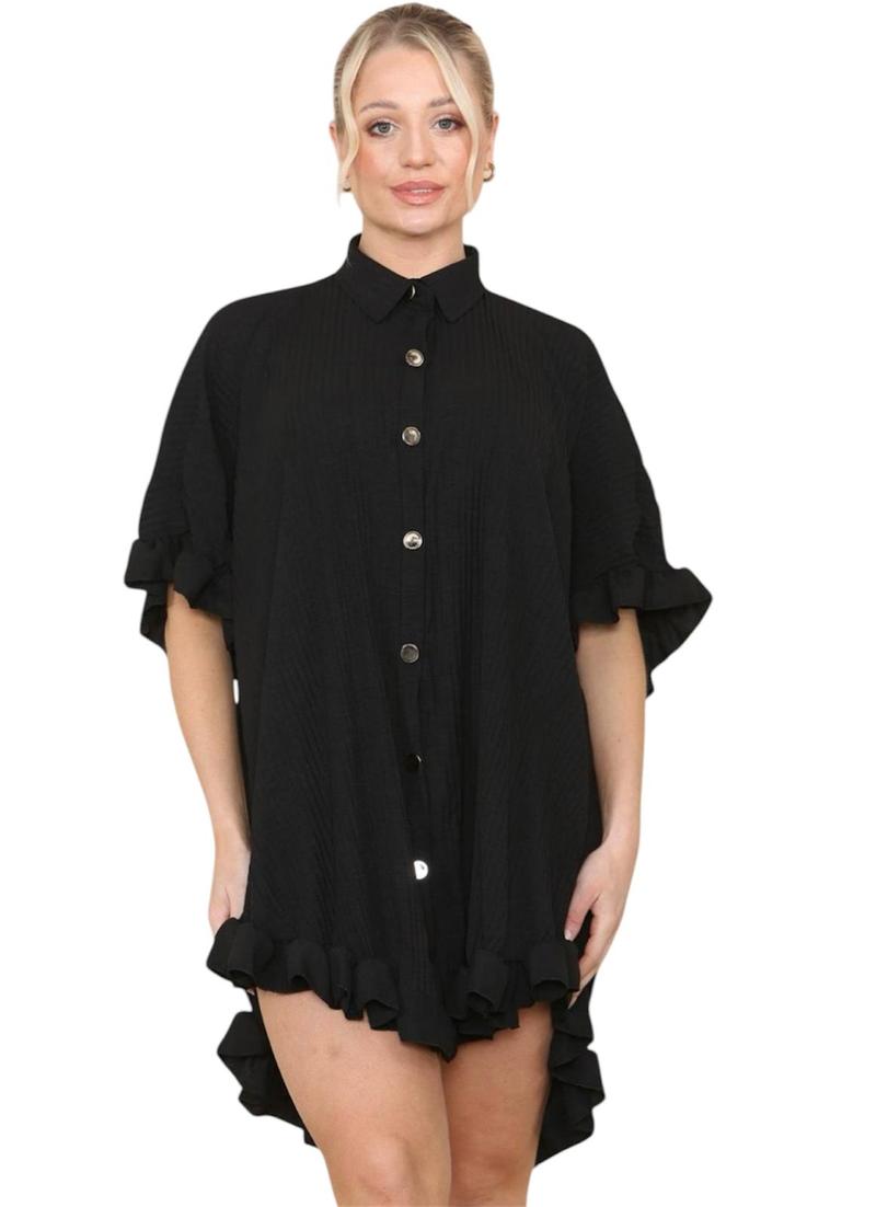 Product Introduction of Women's Lightweight Pleated Frill Hem Shirt Dress - Casual Loose Fit Collared Tunic with Gold Buttons - Comfort, Breathable 11