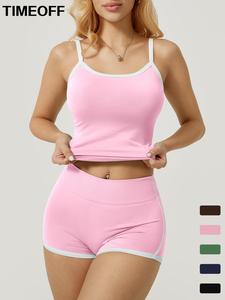 TIMEOFF two-piece set women's cool and refreshing seamless high stretch camisole vest high waisted shorts sports suit, colorful contrasting design sportswear, fashionable and comfortable sports slim camisole vest shorts