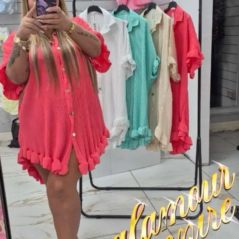 Frilly Short Sleeve Dress - Women's Casual Summer Wear - Comfort, Long Sleeve, Minimalist, Womenswear, Basic