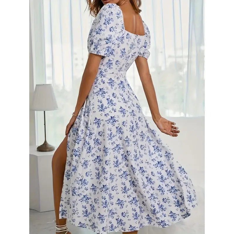 Floral Print Puff Sleeve Dress, Chic Split Hem A-line Dress For Spring & Summer, Women's Clothing Casual Womenswear Comfort Bohemian Boho Fitted Multicolor Shortsleeve Formal 7