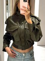 Women's Olive Green Faux Leather Bomber Moto Jacket