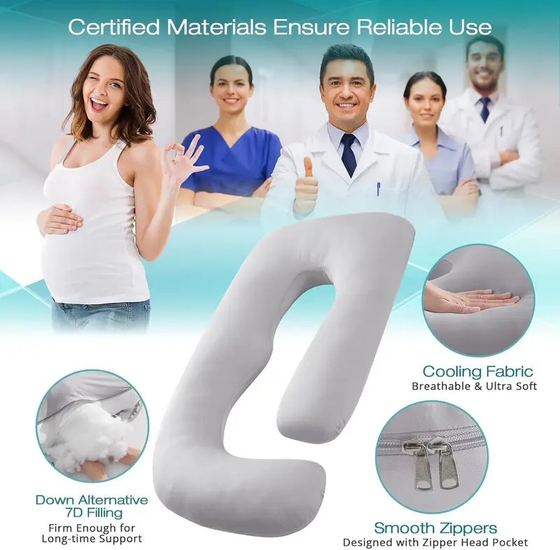 Sasttie Pregnancy Pillows for Sleeping, U Shaped Cooling Full Body Pillow with Removable Cover, Pregnant Women Must Haves, Maternity Essential, Light Grey 4