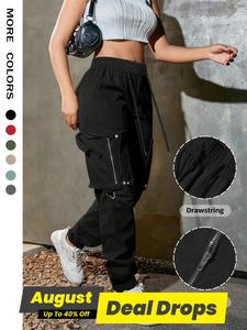 Women's Solid Pocket Drawstring Cargo Pants, Street Fashion Casual Trousers for Daily Wear, Ladies Bottoms for Spring & Fall, Everyday Baggy Pants, Athletic Womenswear, Activewear, Casual Sporty Trousers