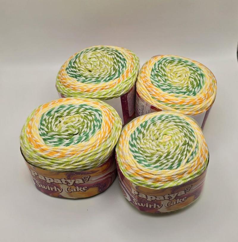 Product Introduction of Papatya Swirly Aran Yarn Cake.4 x 150g 240m 100% Acrylic Super soft Vibrant colours. 5