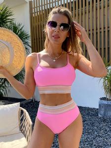 Two-Piece Set Women's Patchwork Print Tape Swimsuit Bikinis for Summer 2024, Sleeveless Wireless Swim Top & High Waist Swim Bottom, Ladies Swimwear