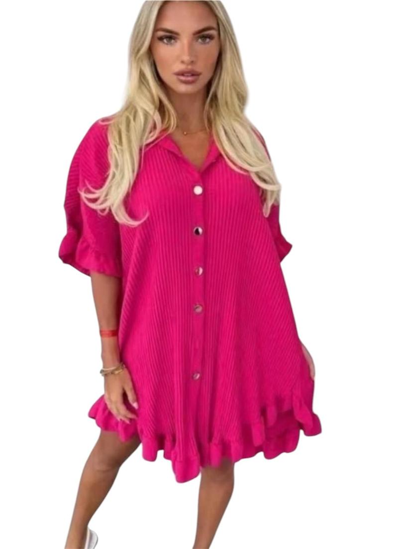Product Introduction of Women's Lightweight Pleated Frill Hem Shirt Dress - Casual Loose Fit Collared Tunic with Gold Buttons - Comfort, Breathable 7