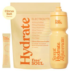 Hydrate Electrolytes and 800ml Hydrate Water Bottle Bundle by Free Soul