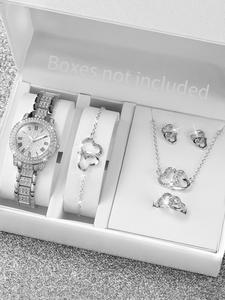 Women's Elegant Quartz Watch & Heart Charm Jewelry Set for Gift, Fashion Trendy Rhinestone Decorated Wristwatch Set, without Box, Valentine's Day, Gift