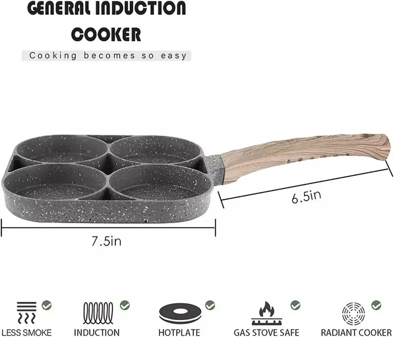 4 Hole Egg Pan Burger Ham Pancake Maker Wooden Handle Frying Grill Non-stick UK 7
