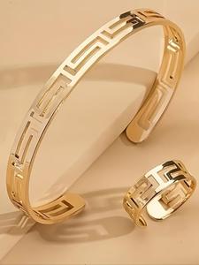 Fashion Hollow Out Geometric Jewelry Set, Including Cuff Bangle & Open Ring for Women & Girls, New Fashion Metal Style Jewelry Set for Party, Daily Clothing Decor, Trendy All-match & Exquisite Jewelry Set for Birthday Gift, Matching Jewelry Set