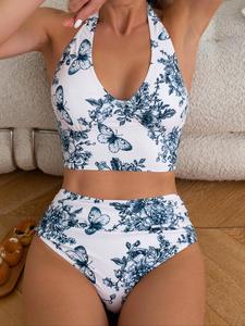 Two-piece Set Women's Butterfly & Floral Print Lace Up Bikinis Set, Casual Halter Neck Backless Swim Top & High Waist Swim Panty, Ladies Summer Swimwear for Beach Holiday Vacation, Bikini Sets, Swimsuits Women, Bikini Top Trunks, High Stretch Bikini