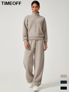 TIMEOFF Two-piece set Women's Velvet Warm Half-Zip Collar Windproof Sweat Loose and Comfortable Sweat Pants suit Autumn and Winter Outdoor Walking Shopping Fashion suit All-match long-sleeve trousers for gym training