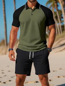 Two-Piece Set Men's Regular Fit Raglan Sleeve Polo Shirt & Pocket Shorts, Casual Short Sleeve Top & Shorts, Men's Summer Outfits Set for Beach Vacation
