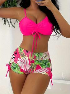 Women's Tie Front Bikini Set, Plain Ruched Bikini Top & Tropical Leaf Print High Waist Swim Shorts, Women's Swimwear for Summer Beach Holiday, Bikinis Sets, Floral Tropical Bikini, Beachwear