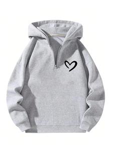 Men's Heart Print Half Zip Up Hoodie, Casual Loose Long Sleeve Hooded Sweatshirt for Fall & Winter, Men's Clothes for Daily Wear