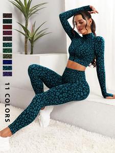 Women's Leopard Print Zip Up Crop Top & High Waist Leggings Tracksuit Set, Sporty Casual Comfy Outfits for Yoga Gym, Women Tracksuits for Spring & Fall