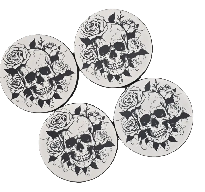 Assorted sets of 4 gothic designed coasters rose skulls design, witches cat design, grim reaper design and fly bats design 1