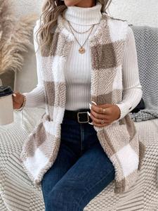 Women's Plaid Print Fuzzy Vest Coat without Sweater, Casual Pocket Open Front Outerwear for Spring & Fall, Fashion Women's Clothing for Daily Wear