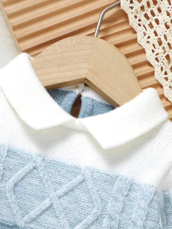 1pc Light Blue Diamond-Shaped Knitted Footed Jumpsuit With Long Sleeves For Toddler Boys, Spring/Autumn/Winter Baby 2