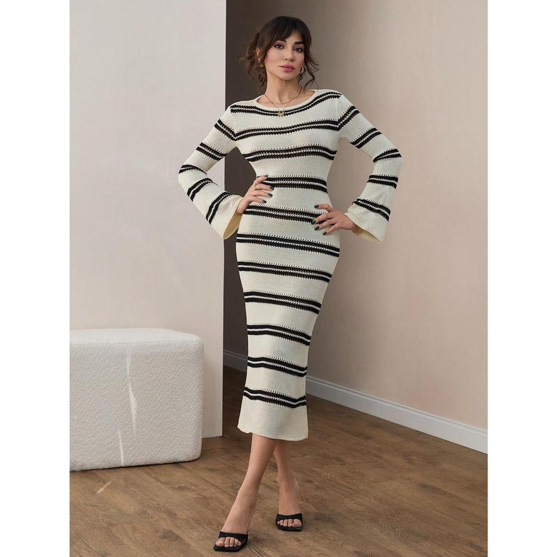 CLARA VERO Women Hollow Out Low Cut Back Detailed Long Bodycon Cover Up Knit Dress 1