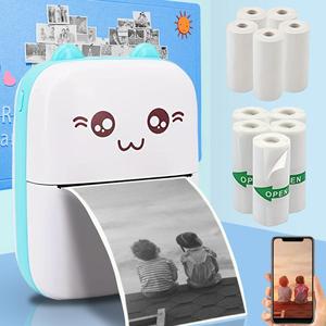 Ink-free Printing Mini Printer, 1 Set Portable Thermal Printer with 5 Rolls Thermal Printing Paper & 5 Rolls Self-adhesive Printing Paper, Birthday Gifts, Picture Printer