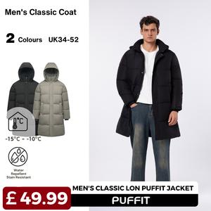 [Ships From UK] PUFFIT Men’s Premium Hooded Long Puffer Coat Men Long Quilted Outerwear Jacket Big Pocket, Water Repellent  Winter Warm Basic Long Sleeve Tops Coat