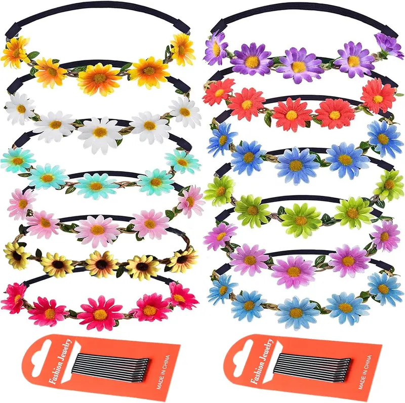 Fashion 12 Pieces Flower Garland Headband Bohemia Floral Crown for Women Girl Hair Accessories for Wedding Festival Party Multi Color (Daisy headband) 0