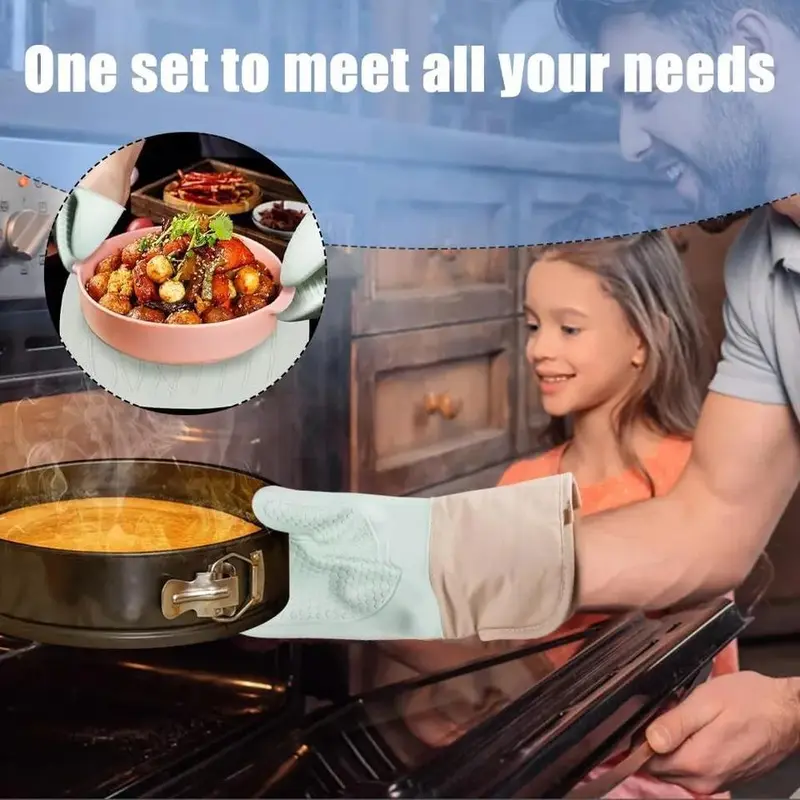 Heat Resistant Silicone Oven Gloves and Pot Mats Set for Cooking and Baking - Bakeware Kitchen Waterproof 5