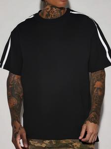 Men's Striped Trim Short Sleeve Tee, Loose Casual Crew Neck T-shirt for Summer, Fashion Men's Top for Daily Wear, Tropical