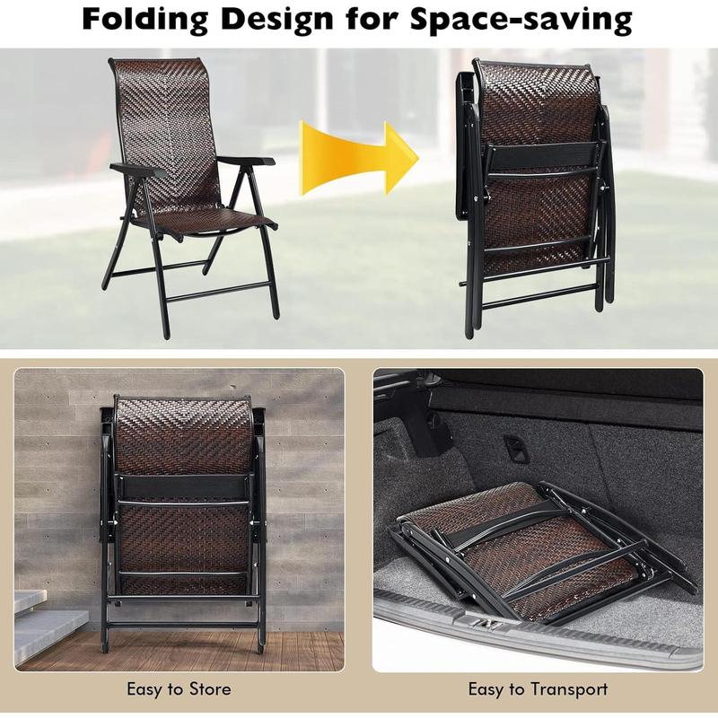 Set of 2 Patio Rattan Folding Chair, 5-Position Adjustable Outdoor Wicker Dining Seat with Widened Armrest,High Backrest and Anti-slip Pads for Garden Picnic Camping (1) 6