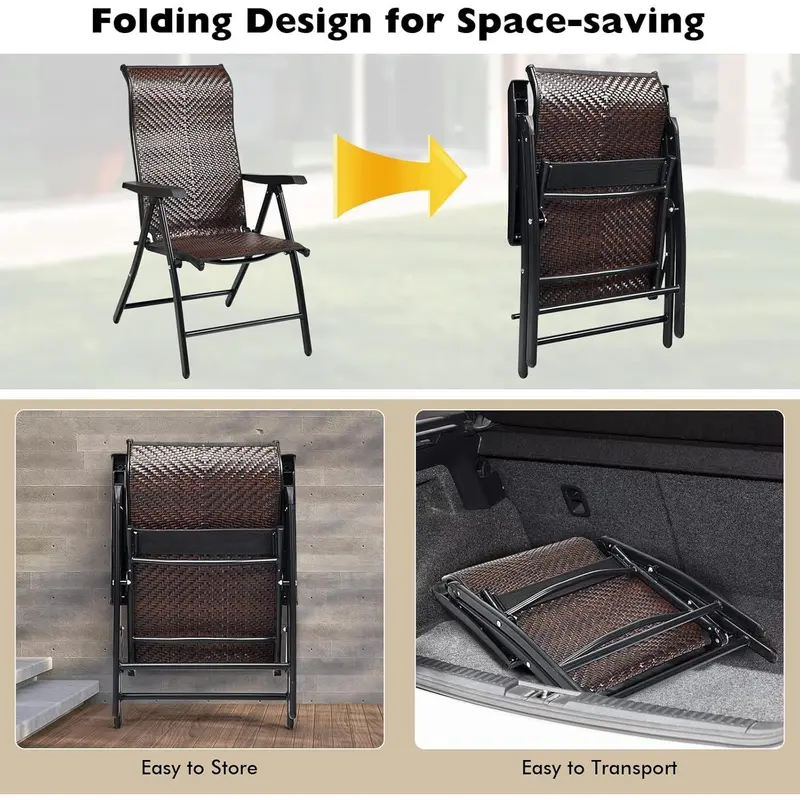 Set of 2 Patio Rattan Folding Chair, 5-Position Adjustable Outdoor Wicker Dining Seat with Widened Armrest,High Backrest and Anti-slip Pads for Garden Picnic Camping (1) 6