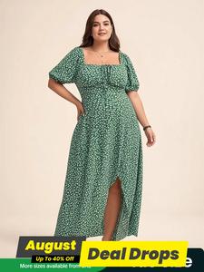 【Plus Size】 Lady Ditsy Floral / All Over Print Split Thigh Dress, Casual Puff Sleeve Tie Front Dress, Bohemian Women Plus Clothing for Summer Beach Daily Wear, Elegant Plus Size, Boho Clothes Women, Womenswear