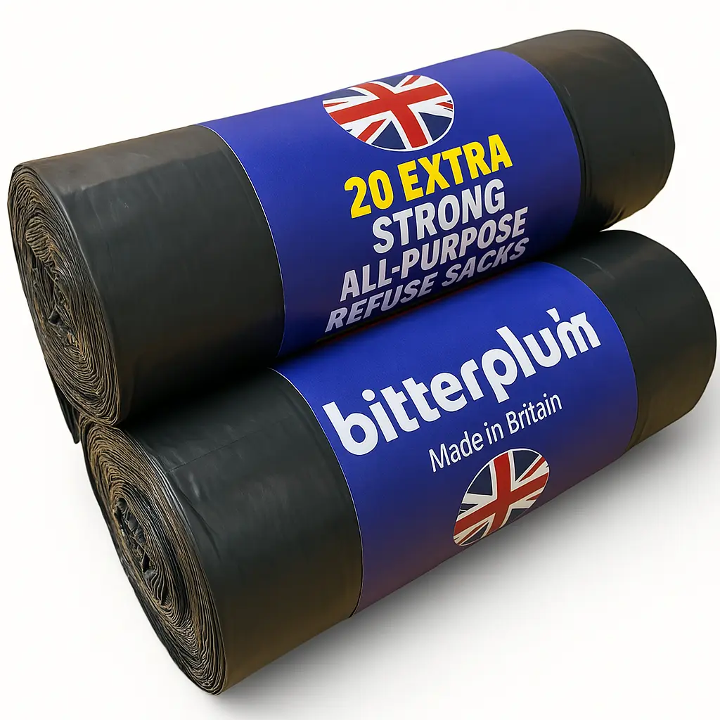 Bitterplum Heavy Duty Bin Bags 75L Extra Strong Refuse Sacks, Flat Top, 30 Micron, Recycled Plastic, Tear & Leak Resistant, Black Bin Liners for Kitchen, Household, Office, Commercial Use