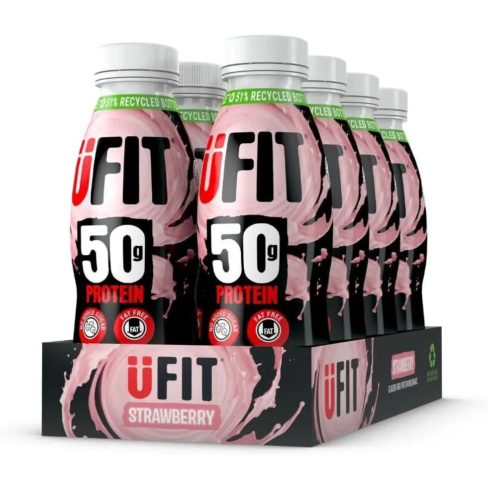 UFIT High 50g Protein Shake - Strawberry Flavour - No Added Sugar - Low in Fat - Ready to Drink - Pack of 8 x 500 ml (Packaging May Vary)