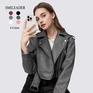 New Cool Women's Leather Jacket with Belt, Vintage Style Short Leather Jacket, Street Loose Fit Motorcycle Jacket, Waterproof and Durable for Ourtdoor Activities，Autumn&Winter Washed Jacket Coat