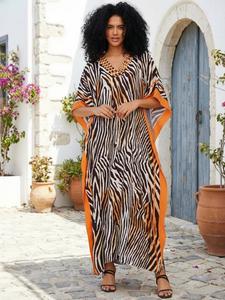 EDOLYNSA Striped Women's Boho Casual Kaftan Long Dress Oversized Chic Bohemian House Robe Beachwear Vacation Bathing Suit Cover Up Lounge Wear