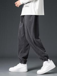 Men's Loose Solid Pocket Drawstring Waist Corduroy Pants, Casual Comfy Jogger Pants For Spring & Fall, Fashion Men's Trousers For Daily Wear