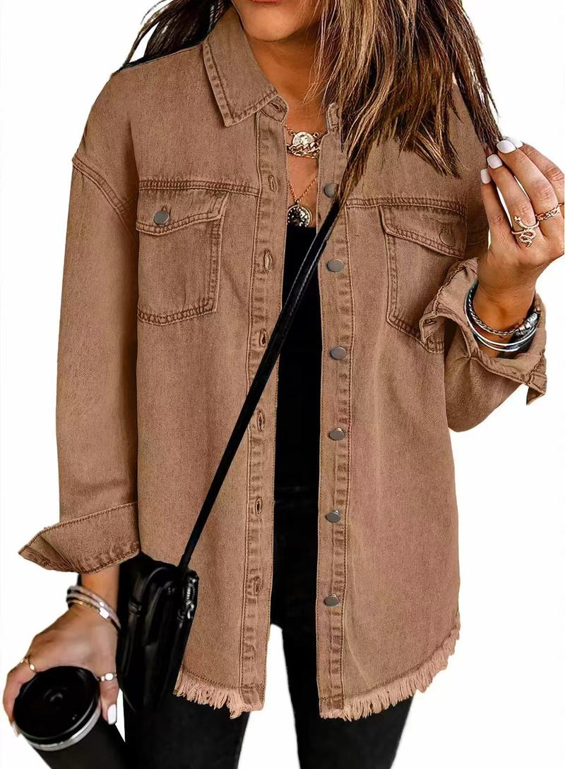 Product Introduction of Women's Denim Coat with Wiped Edge and Pockets - Pure Color Single-Breasted Cardigan Jacket for Loose Fit - Womenswear, Tops 12