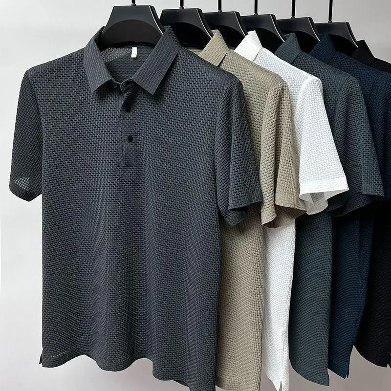 1Pc Men's Breathable Mesh Stretch Solid Short Sleeve Button-Down Polo Shirt, Casual Lapel Design for Summer, Ideal for Golf, Outdoor Sports, and Daily Wear, Skin-Friendly and Cooling, Made from Elastic Nylon for Comfort Polo Menswear
