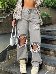 Women's Plain Ripped Distressed Flare Leg Jeans, Casual Comfy Baggy Denim Pants for Daily Wear, Womens Bottoms for Spring & Fall, Womenswear, Oversize Trouser